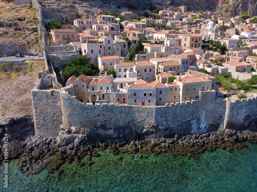 Aerial panoramic view of Monemvasia fortified town in Greece