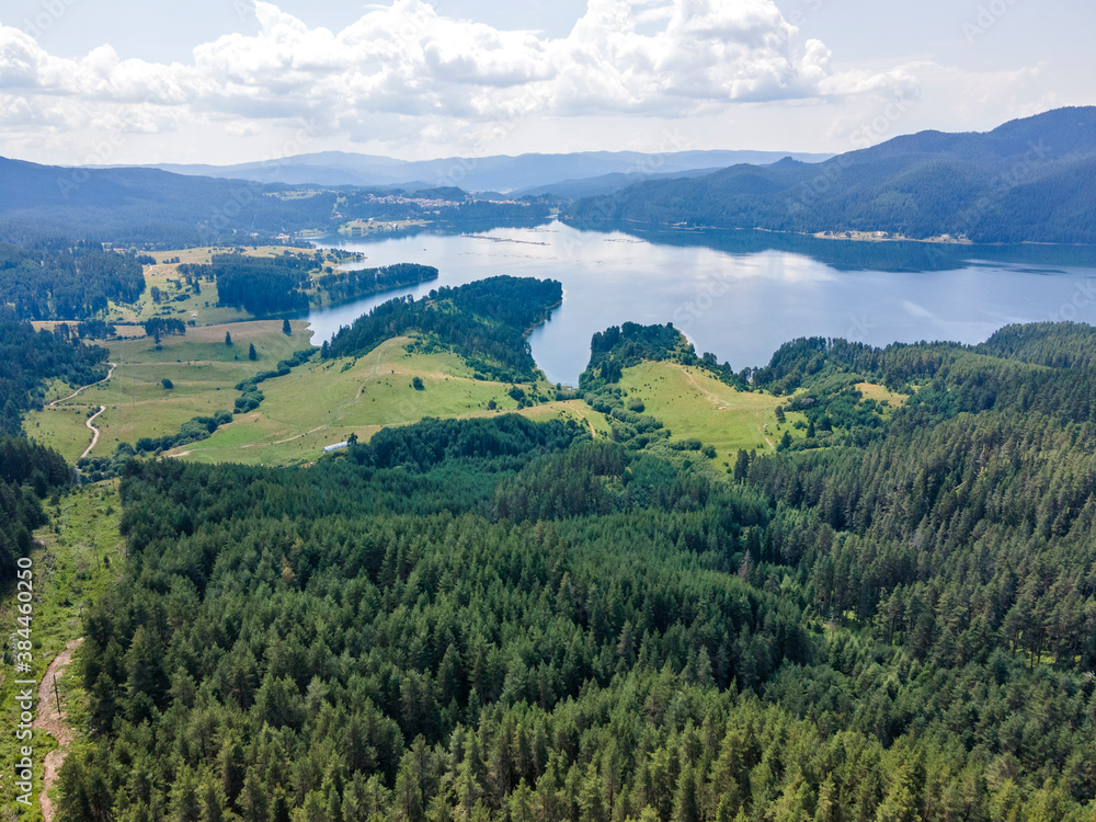 Naklejka premium Aerial view of Dospat Reservoir, Bulgaria