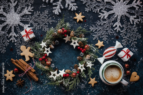 Christmas wreath with cup of coffee