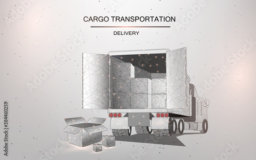 Cargo transportation,Box and truck  isolated on dark blue background. Low poly wireframe vector illustration. Delivery and transportation logistics storage warehouse industry business commercial conce