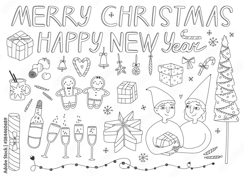 Obraz premium Vector illustration of collection of christmas elements for greeting card design. Hand drawn illustration in doodle style. Line art. For web greeting card and another print design.
