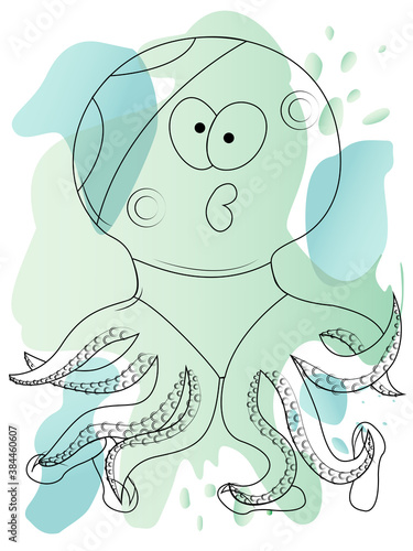 Ridiculous octopus vector illustration on the watercolor background for a print