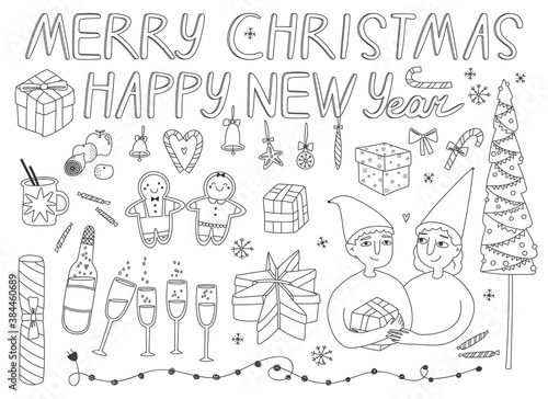 Vector illustration of collection of christmas elements for greeting card design. Hand drawn illustration in doodle style. Line art. For web greeting card and another print design.