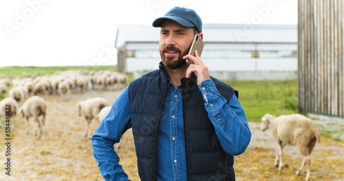 Obraz na płótnie Handsome smiled Caucasian male shepherd talking on mobile phone while flock of sheep walking on background
