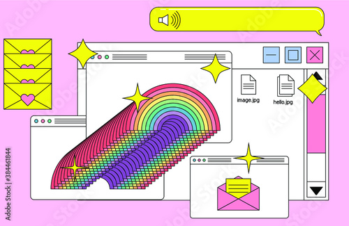 Collage of user interface elements, UI and UX theme. Trendy cover in vaporwave 80's-90's style, retrowave aesthetics.