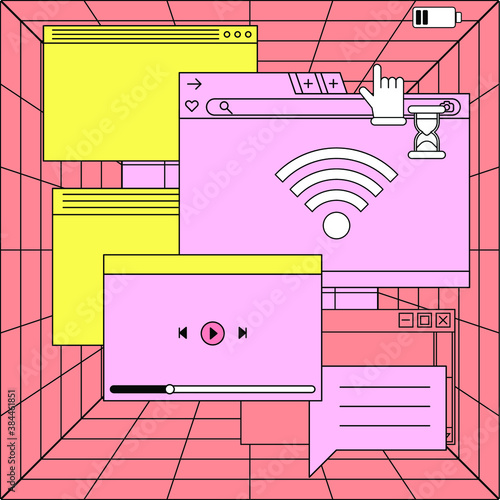 Collage of user interface elements, UI and UX theme. Trendy cover in vaporwave 80's-90's style, retrowave aesthetics.