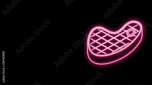 Glowing neon line Steak meat icon isolated on black background. 4K Video motion graphic animation