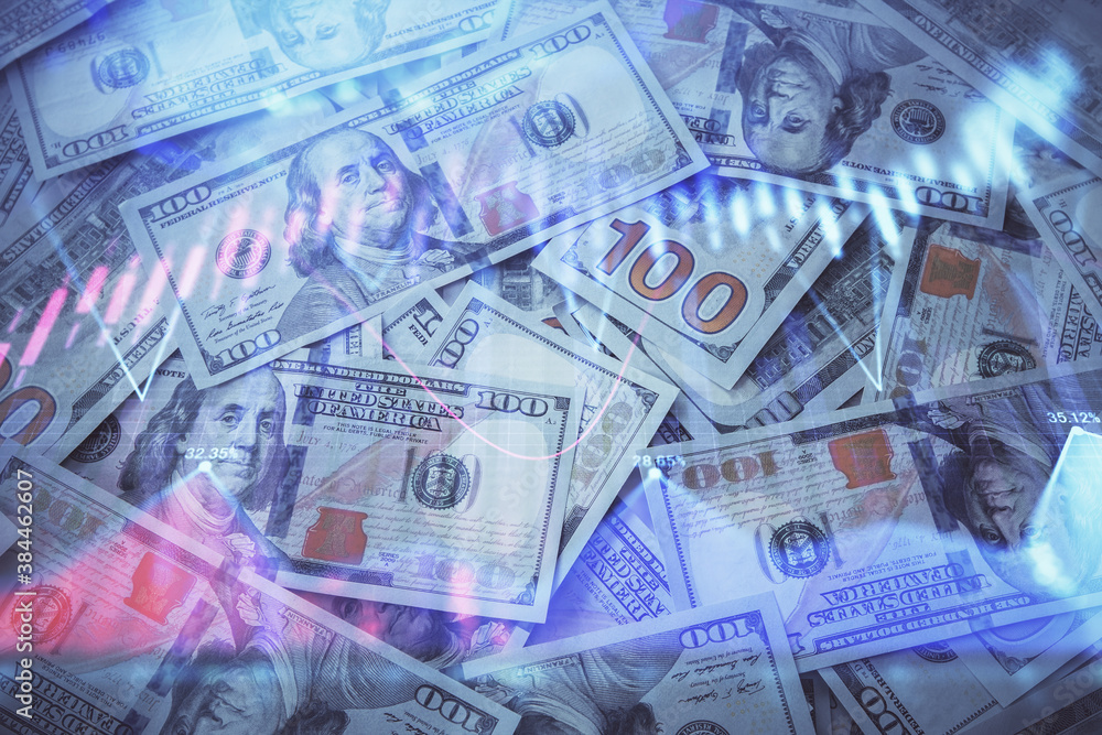 Double exposure of forex graph drawing over us dollars bill background. Concept of financial markets. Double exposure of forex graph drawing over us dollars bill background. Concept of financial markets.