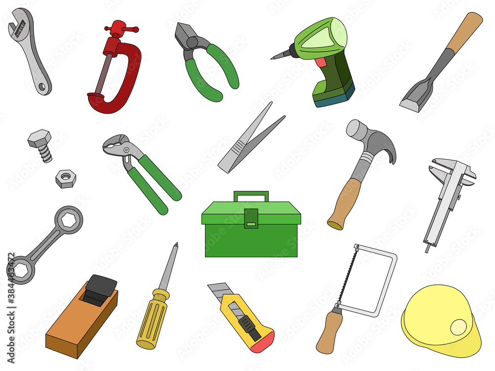工具 イラスト 万力 レンチ 鑿 鉋 金槌 ノギス 電動ドリル 糸鋸 カッター 工具箱 ペンチ等 Vector De Stock Adobe Stock