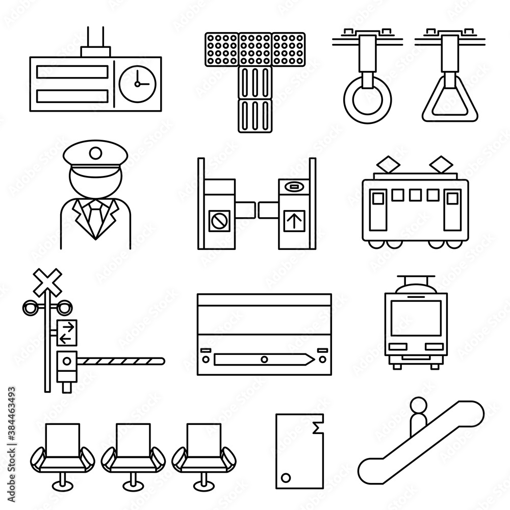 線画 アイコン 駅員 電車 改札 切符 ベンチ 踏切 点字ブロック 看板 手すり エスカレーター等 Vektornyj Obekt Stock Adobe Stock 線画 アイコン 駅員 電車 改札 切符 ベンチ 踏切 点字ブロック 看板 手すり エスカレーター等 Vektornyj Obekt Stock Adobe Stock