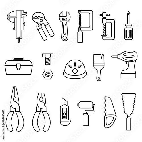 工具　アイコン　ノギス　糸鋸　レンチ　ペンチ　電動ドリル　ノコギリ　カッター　工具箱　ボルト　万力等
