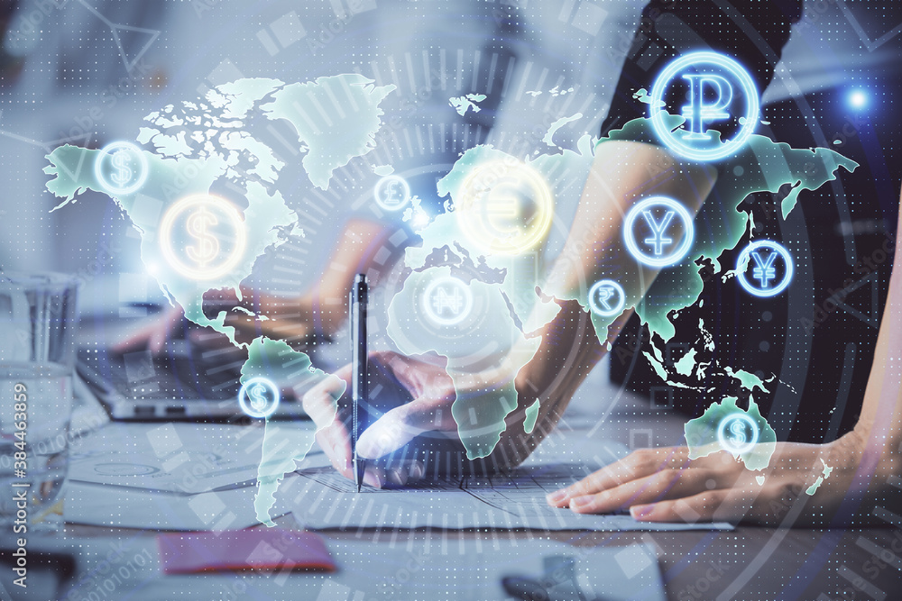 Multi exposure of woman hands typing on computer and financial chart hologram drawing. Stock market analysis concept. Multi exposure of woman hands typing on computer and financial chart hologram drawing. Stock market analysis concept.