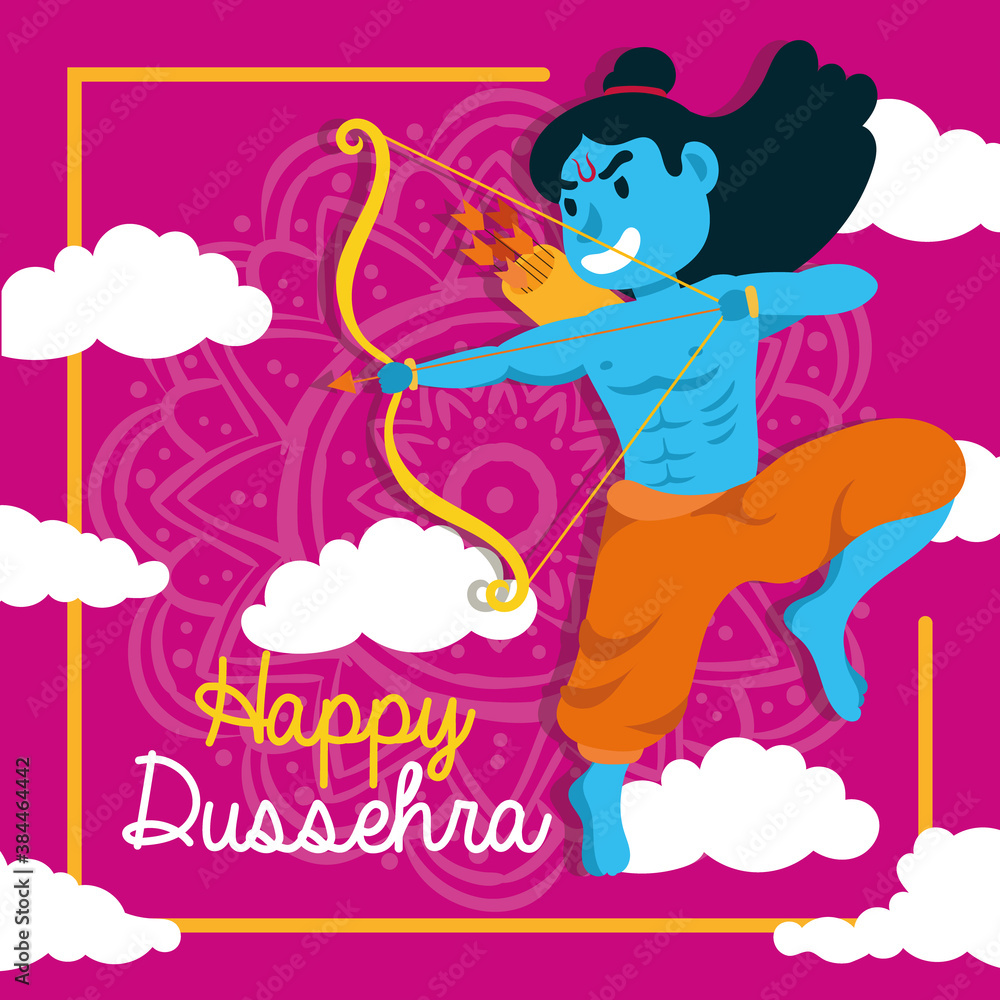 happy dussehra celebration with lord rama blue character in pink background