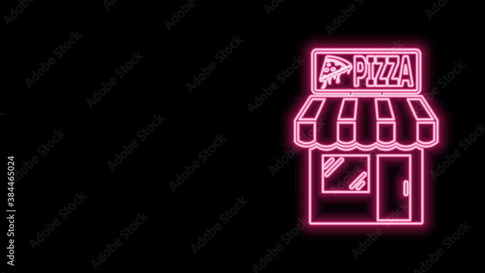 Glowing neon line Pizzeria building facade icon isolated on black background. Fast food pizzeria kiosk. 4K Video motion graphic animation