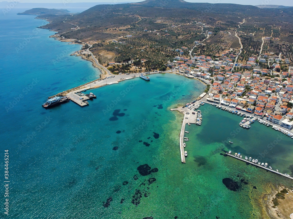 Aerial panoramic view of Elafonisos island over the Laconian village and port in Peloponnese, Greece