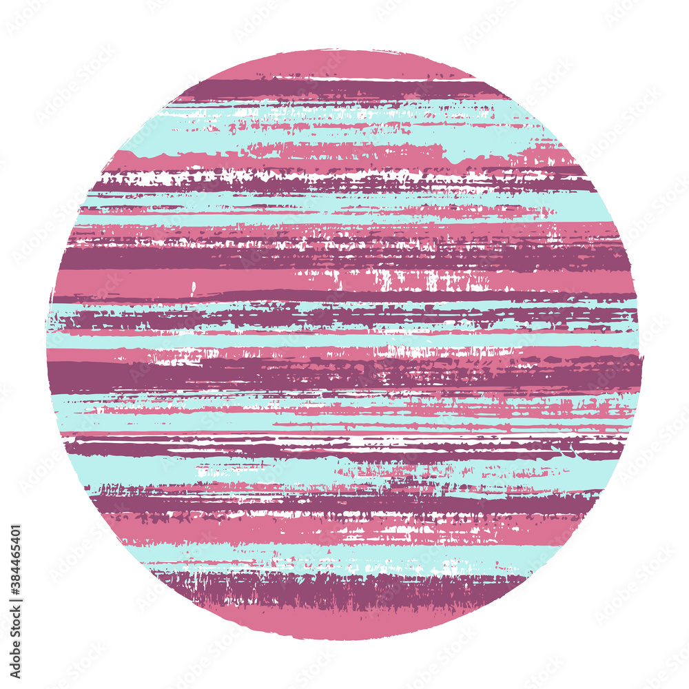 Abrupt circle vector geometric shape with striped texture of paint horizontal lines. Disk banner with old paint texture. Stamp round shape circle logo element with grunge background of stripes.