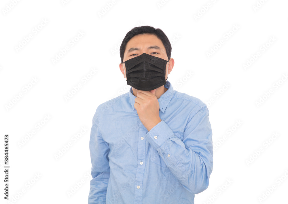 Man wearing a mask pointing away Man wearing a mask pointing away