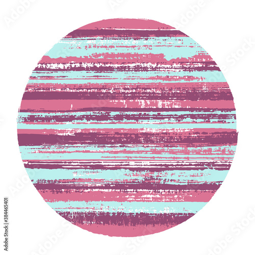 Abrupt circle vector geometric shape with striped texture of paint horizontal lines. Disk banner with old paint texture. Stamp round shape circle logo element with grunge background of stripes.