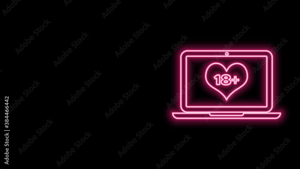 Glowing neon line Laptop computer with 18 plus content heart icon isolated on black background. Age restriction symbol. 18 plus content sign. Adult channel. 4K Video motion graphic animation