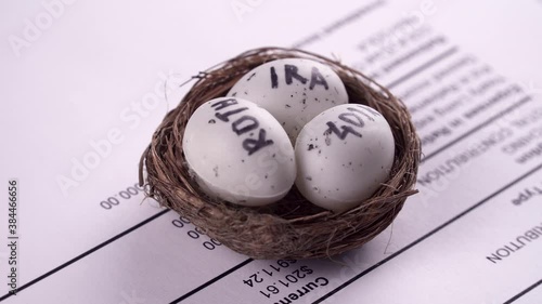 Conceptual composition. Pension savings. Individual retirement account. Three eggs with the inscriptions IRA, 401k, Roth lie in the nest against the background of the Personal 401k plan form. Close-up