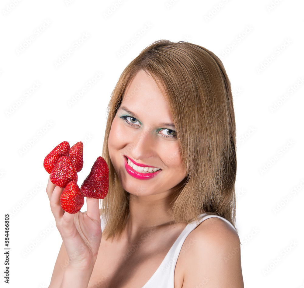 woman portrait and strawberry on a her fingers woman portrait and strawberry on a her fingers