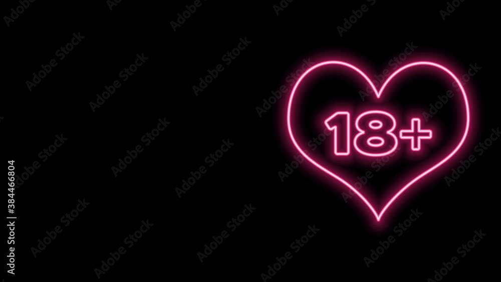 Glowing neon line 18 plus content heart icon isolated on black background. Adults content only icon. 4K Video motion graphic animation Glowing neon line 18 plus content heart icon isolated on black background. Adults content only icon. 4K Video motion graphic animation
