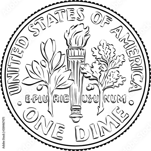 American money Roosevelt dime, United States one dime or 10-cent silver coin, olive branch, torch, oak branch on reverse. Black and white image