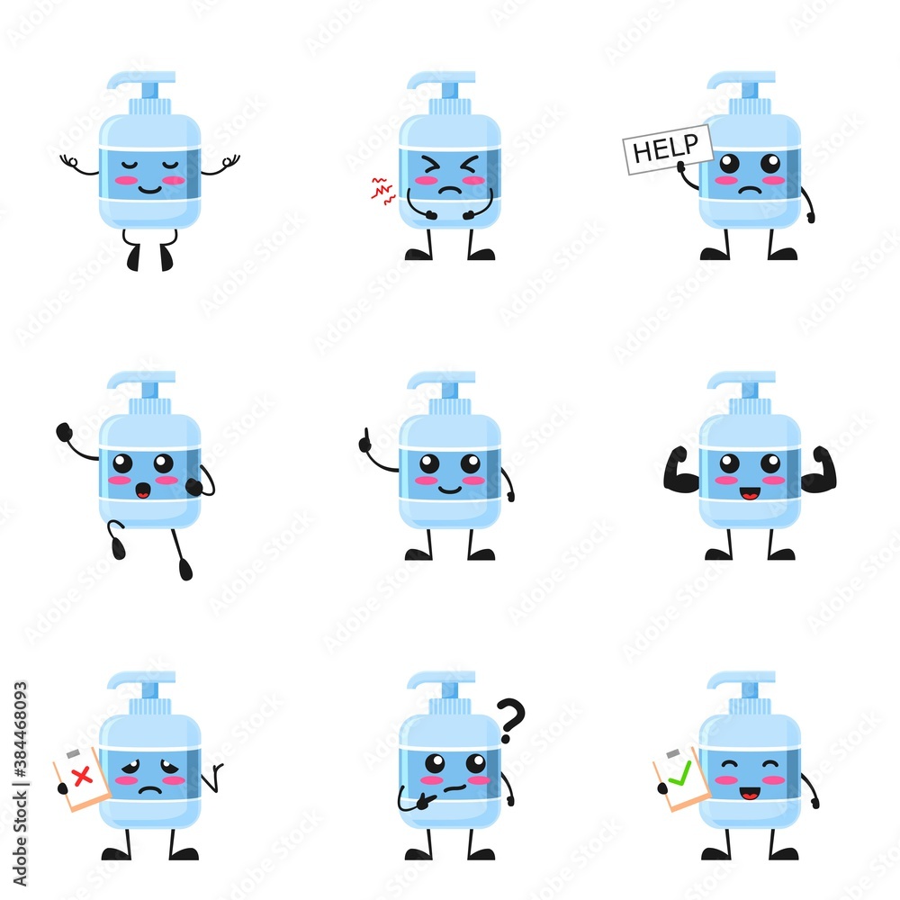 Cute character Antiseptic Liquid soap set bundle. vector illustration