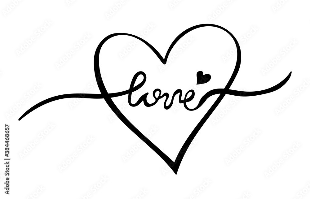 Handwritten word love and hearts on white background Handwritten word love and hearts on white background