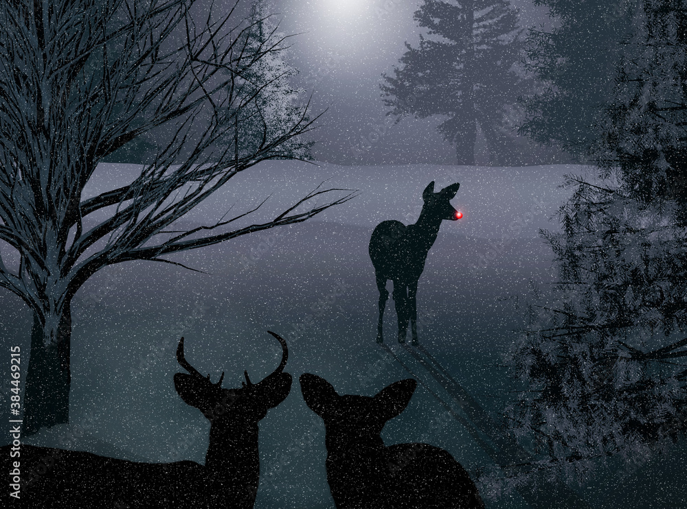 Wild deer are seen at night in the moonlight on snow in a nature winter ...