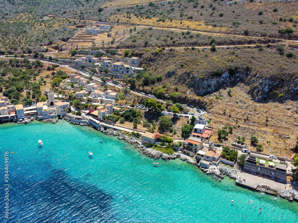 Aerial view of Limeni fish village in Mani, Greece