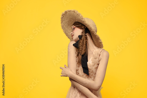 romantic lady in straw hat sunglasses model dress emotions