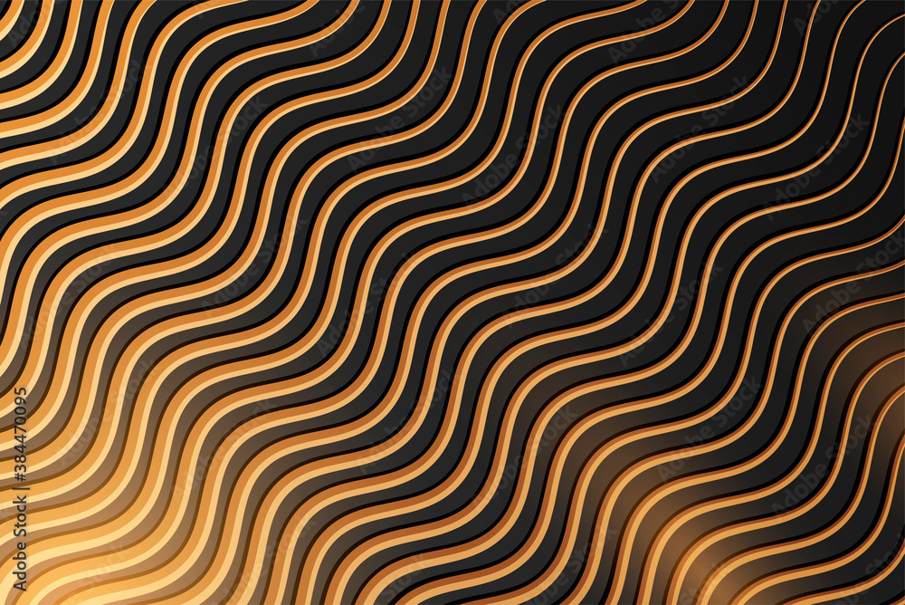 Abstract black background with golden waves. Linear gold wavy pattern