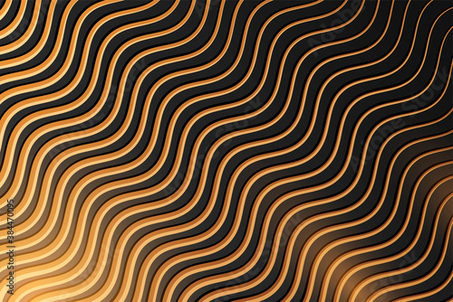Abstract black background with golden waves. Linear gold wavy pattern