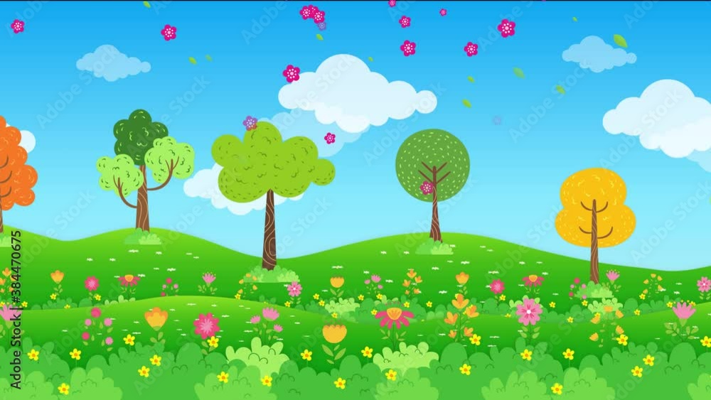 spring landscape animated background footage, falling blossoms and cloudy sky