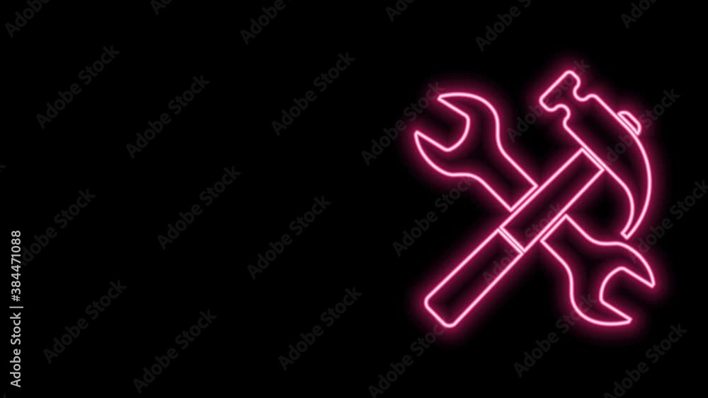 Glowing neon line Crossed hammer and wrench icon isolated on black background. Hardware tools. 4K Video motion graphic animation Glowing neon line Crossed hammer and wrench icon isolated on black background. Hardware tools. 4K Video motion graphic animation