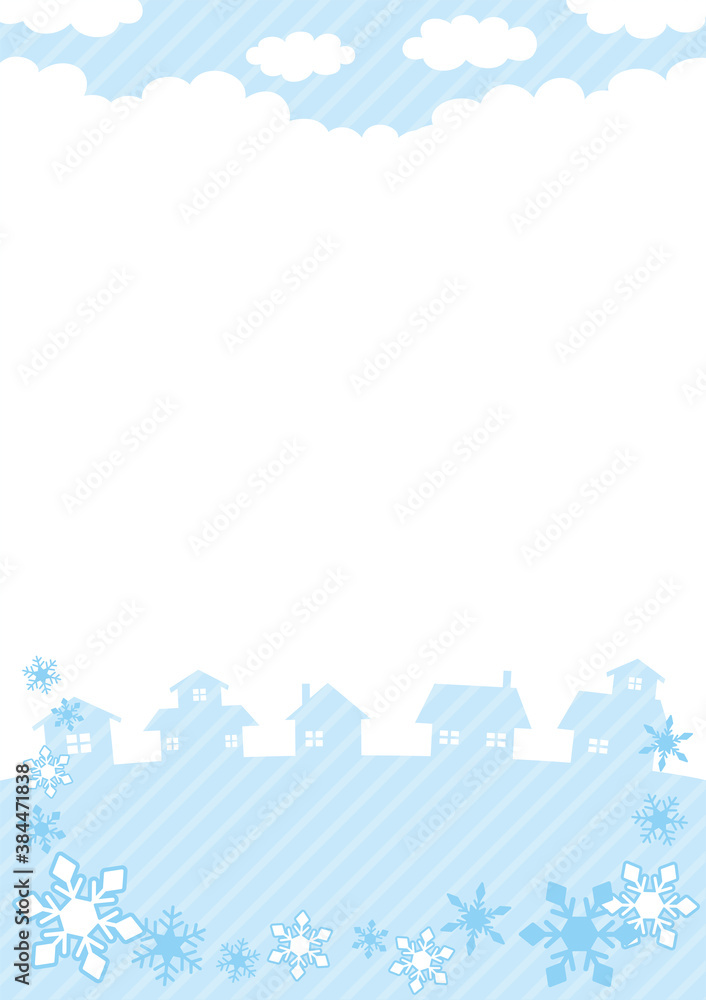 冬の街並みと雪の結晶の風景の背景イラスト