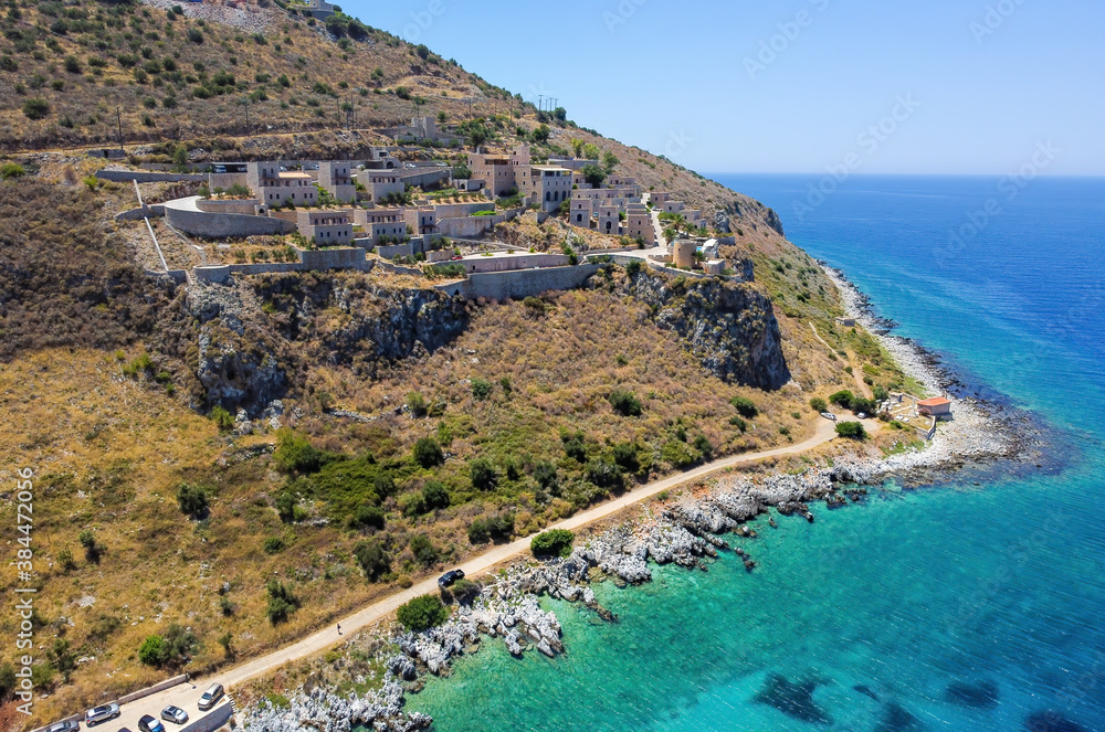 Aerial view of Limeni fish village in Mani, Greece