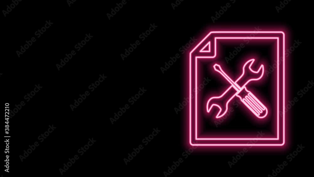 Glowing neon line File document with screwdriver and wrench icon isolated on black background. Adjusting, service, setting, maintenance, repair, fixing. 4K Video motion graphic animation Glowing neon line File document with screwdriver and wrench icon isolated on black background. Adjusting, service, setting, maintenance, repair, fixing. 4K Video motion graphic animation