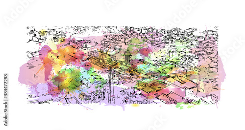 Building view with landmark of Bilaspur is a city in the central Indian state of Chhattisgarh. Watercolor splash with hand drawn sketch illustration in vector. 