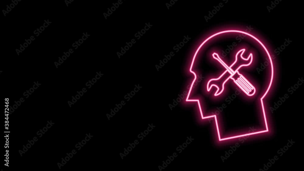 Glowing neon line Human head with with screwdriver and wrench icon isolated on black background. Artificial intelligence. Symbol work of brain. 4K Video motion graphic animation Glowing neon line Human head with with screwdriver and wrench icon isolated on black background. Artificial intelligence. Symbol work of brain. 4K Video motion graphic animation