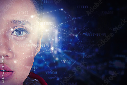 Futuristic woman face with connection network