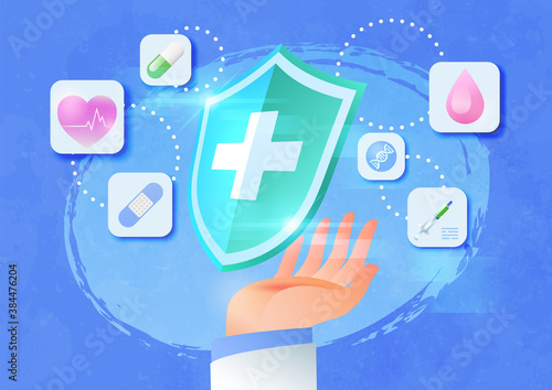 Medical healthcare insurance concept vector illustration. Doctor's hand holding a medical protection shield and medical related icons with careful gesture