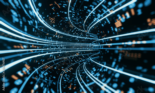 3D Rendering of binary tunnel with led leading light. Concept for data mining, big data visualization, machine learning, data discovery technology, customer product analysis.
