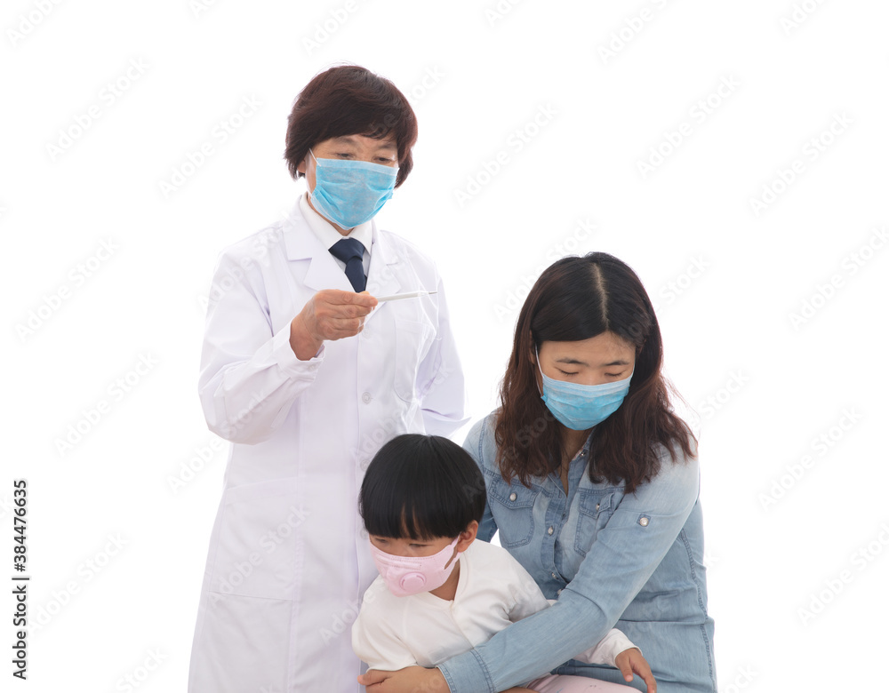 Doctor holding thermometer while taking body temperature of mother and child in front of white background Doctor holding thermometer while taking body temperature of mother and child in front of white background