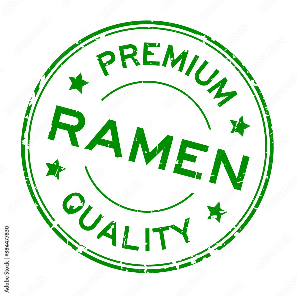 Grunge green premium quaity ramen word round rubber seal stamp on white background Grunge green premium quaity ramen word round rubber seal stamp on white background
