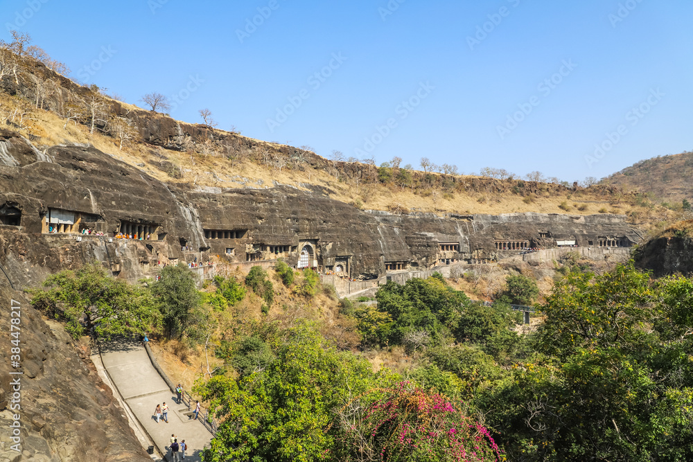 panoramic view of Ajanta Buddhist cave (200 BC to 480 CE), Aurangabad, Maharashtra, India, with Paintings & rock-cut sculptures, the finest surviving ancient Indian art