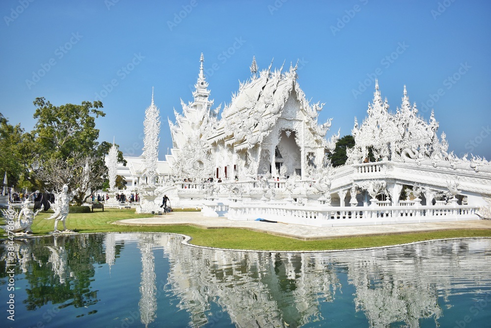 Thailand, White Temple (Wat Rong Khun) is located in Chiang Rai. White color symbolizes Buddha's purity, its glittering mirrors signifies the teachings of the Buddha to reflect kindness on to others.