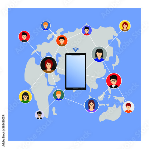 mobile phone and people inside colorful circle, earth, call