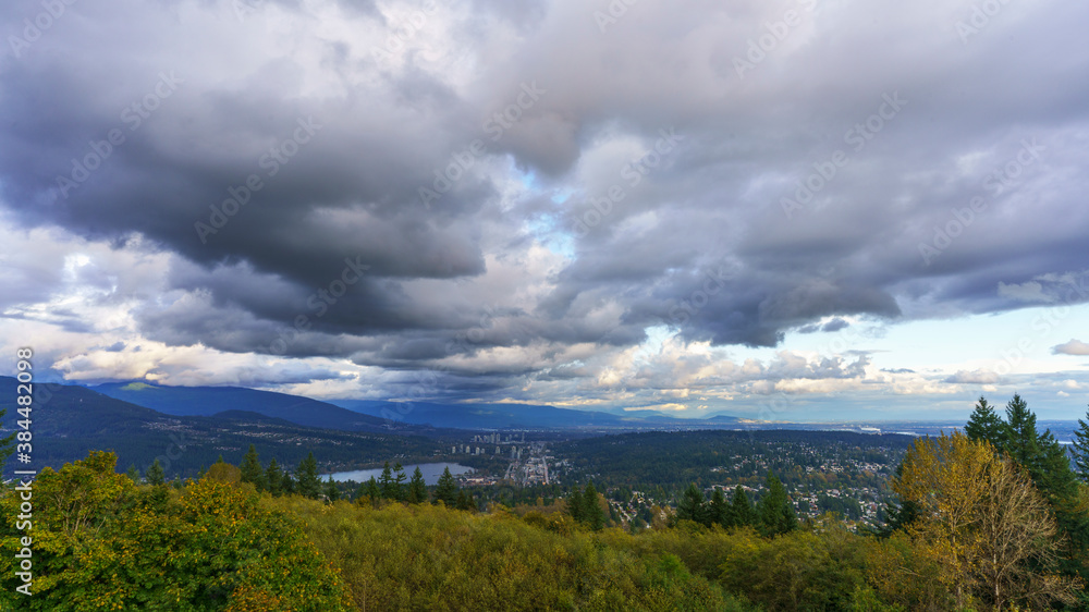 Cloudy Fraser Valley with views of Port Moody at Burrard Inlet, trees in foreground and distant mountains